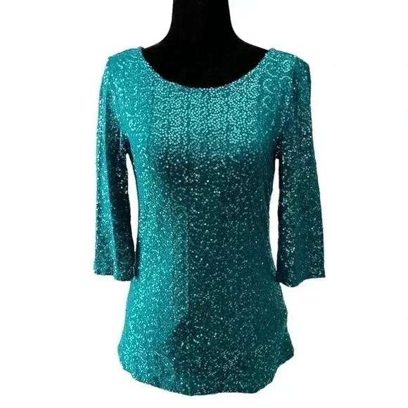 Reitman’s Sparkly Sequin Dressy Top  Scoop Neck 3/4 Bracelet Sleeve Teal XS NEW - Picture 1 of 16